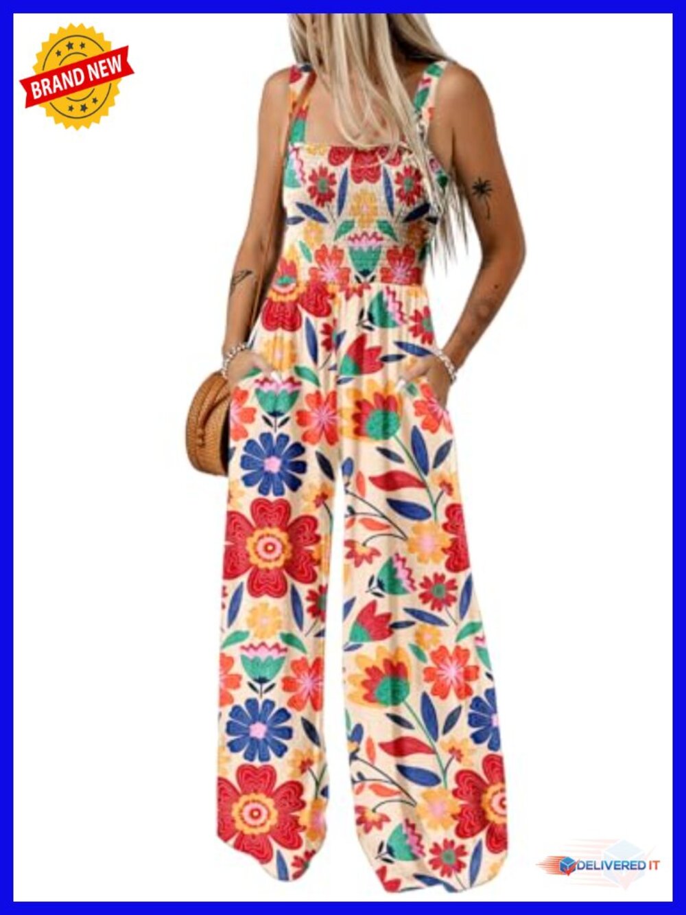 Loose Floral Viscose Jumpsuit Sleeveless Wide Leg Romper
